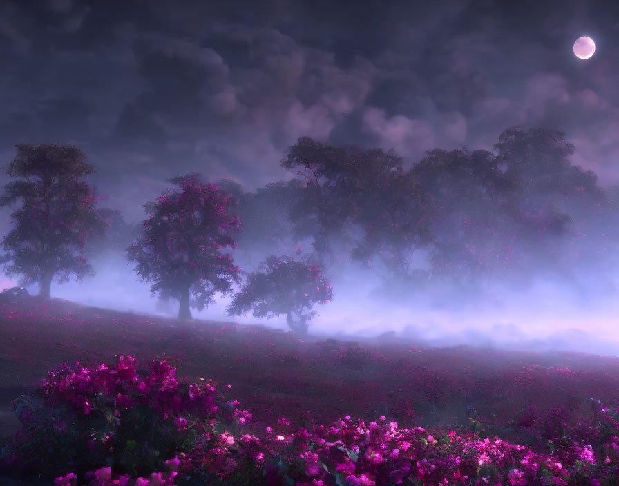 Moonlit Silhouettes of Trees in Mystical Twilight Scene