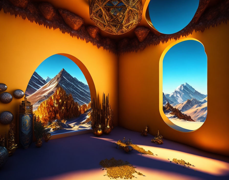 Surreal room with round windows displaying mountains, desert flora, golden coins, and a decorative vase