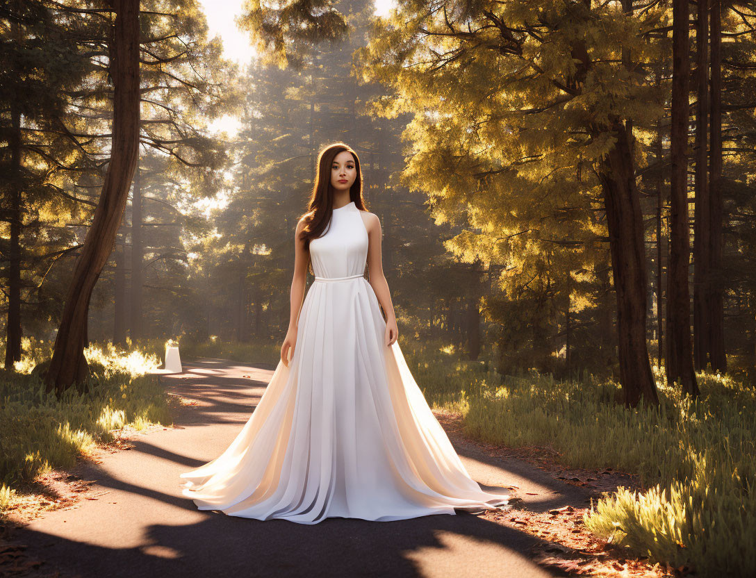 Woman in flowing white dress on forest path with sunlight filtering through trees