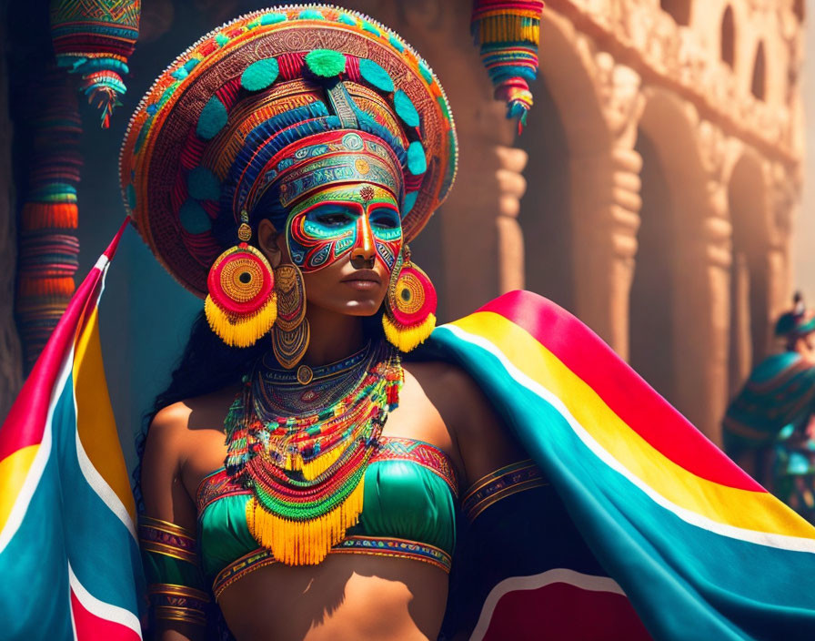 Person in Vibrant Traditional African Attire with Elaborate Headgear and Face Paint Against Architectural