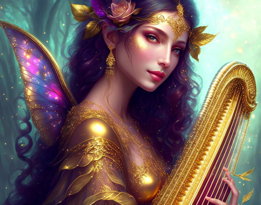 Winged fairy playing harp in golden armor on teal backdrop