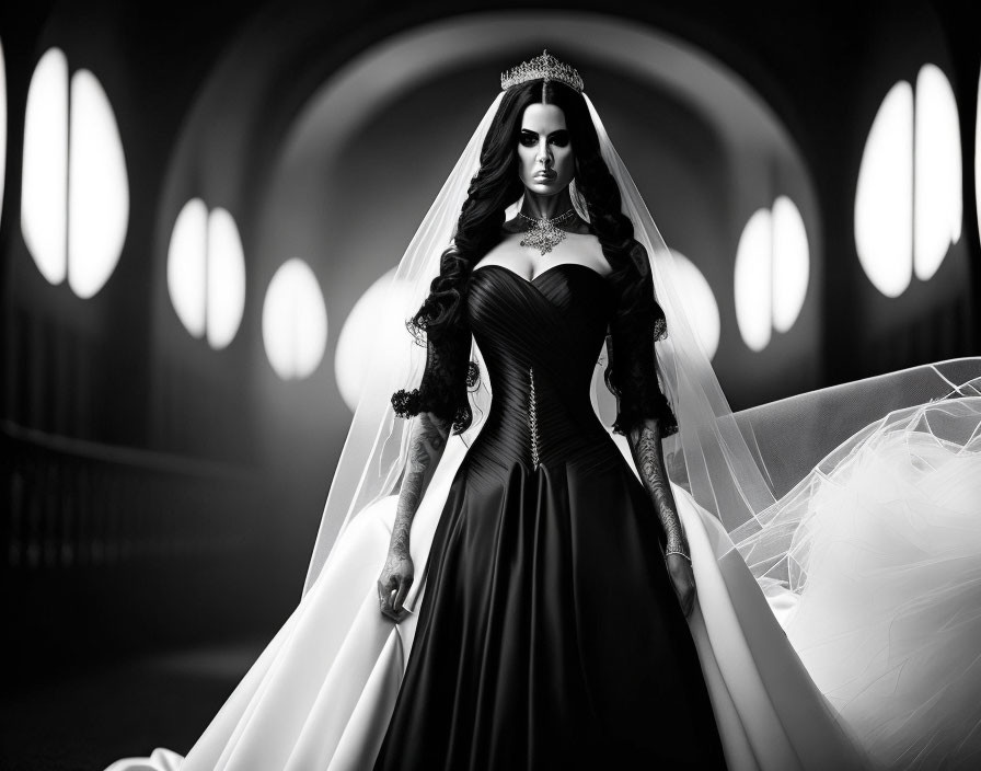 Monochrome image of bride in black dress with tiara and cathedral veil in hall with arched windows