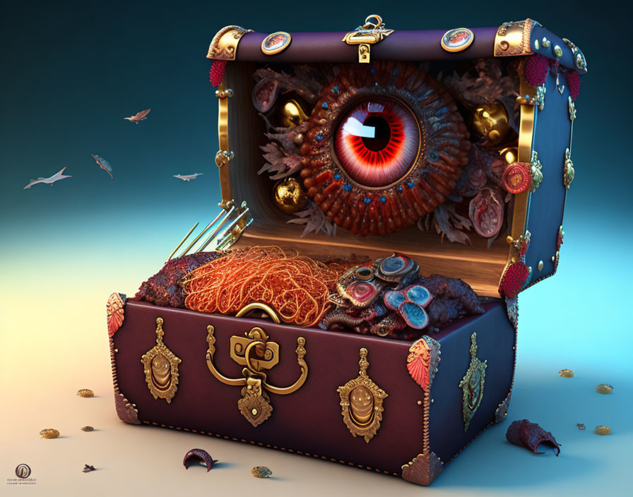 Ornate Chest with Realistic Eye and Organic Textures on Soft Background