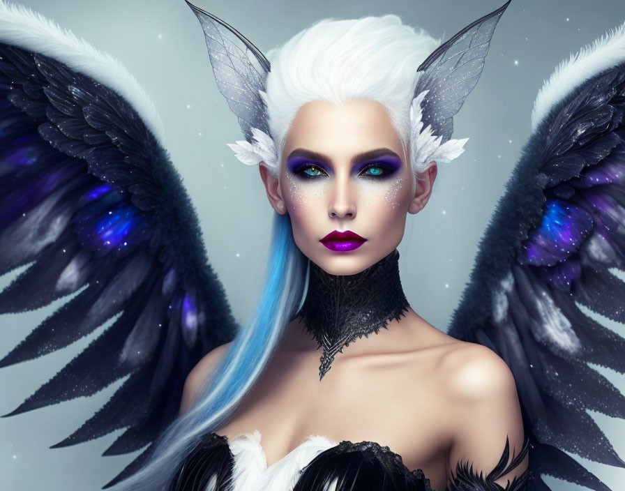 Portrait of woman with white hair, dark wings, blue eyes, and makeup on soft blue background