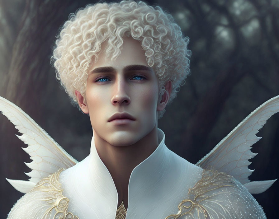 Ethereal being with white hair, blue eyes, and golden-accented wings in misty