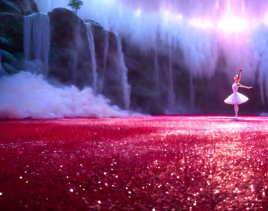 Ballerina in Pink Tutu on Glittering Red Surface