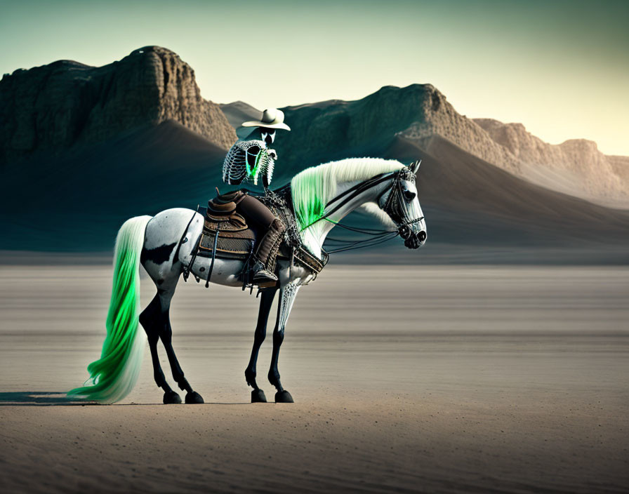 Person in cowboy hat and skeleton costume rides white horse with green mane in desert with mountains.