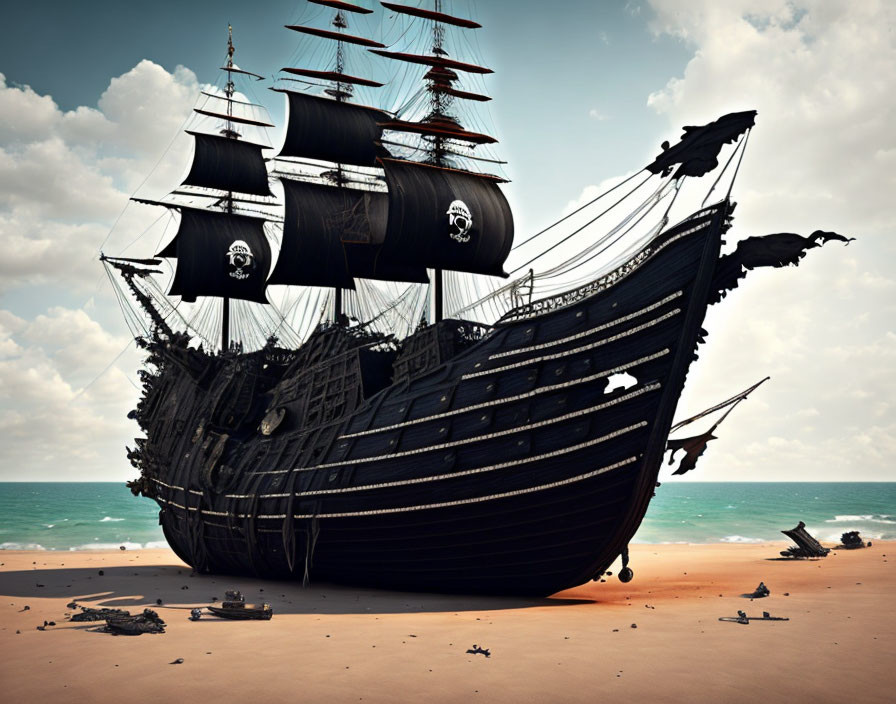 Black pirate ship with torn sails on sandy beach under cloudy sky