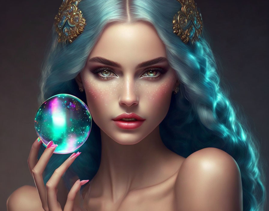 Digital artwork: Woman with blue wavy hair, green eyes, holding glowing iridescent sphere