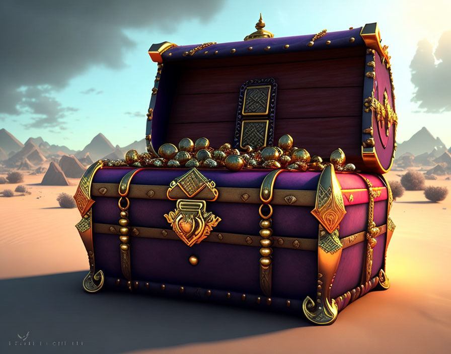 Decorative treasure chest with gold and jewels in desert with pyramids