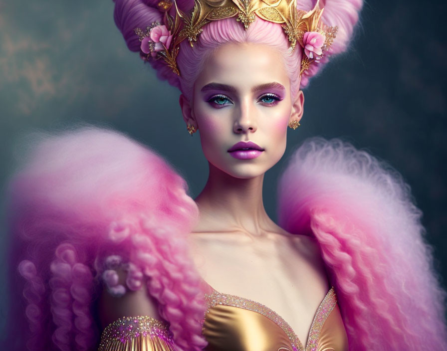 Fantasy portrait of a woman with striking makeup and pink & gold headdress