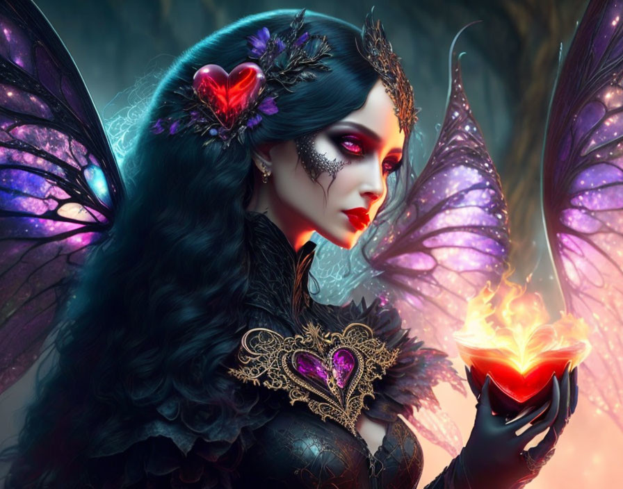 Fantasy illustration of woman with dark hair, butterfly wings, holding glowing heart