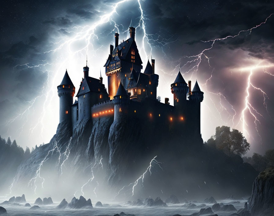 Illuminated castle on rocky outcrop in stormy sky with lightning