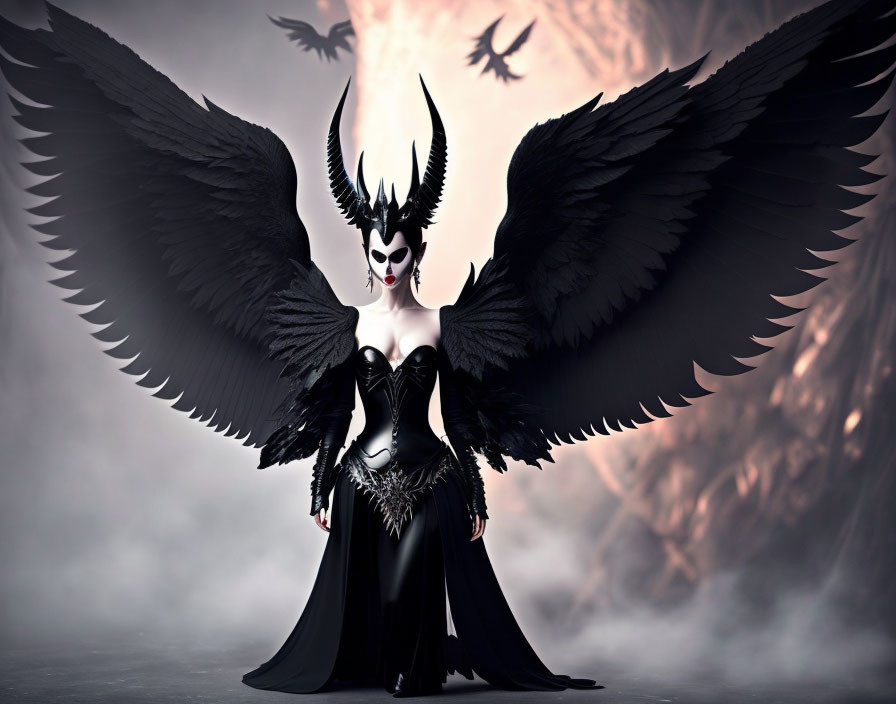 Dark Winged Fantasy Character with Horns in Dramatic Costume on Ominous Background