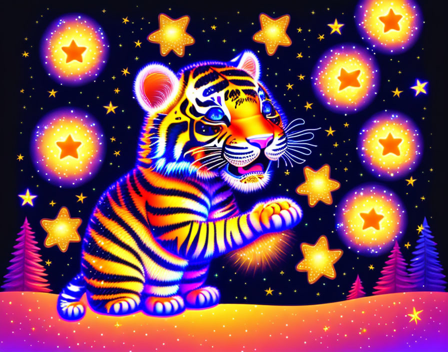 Neon-colored tiger cub in starlit night scene