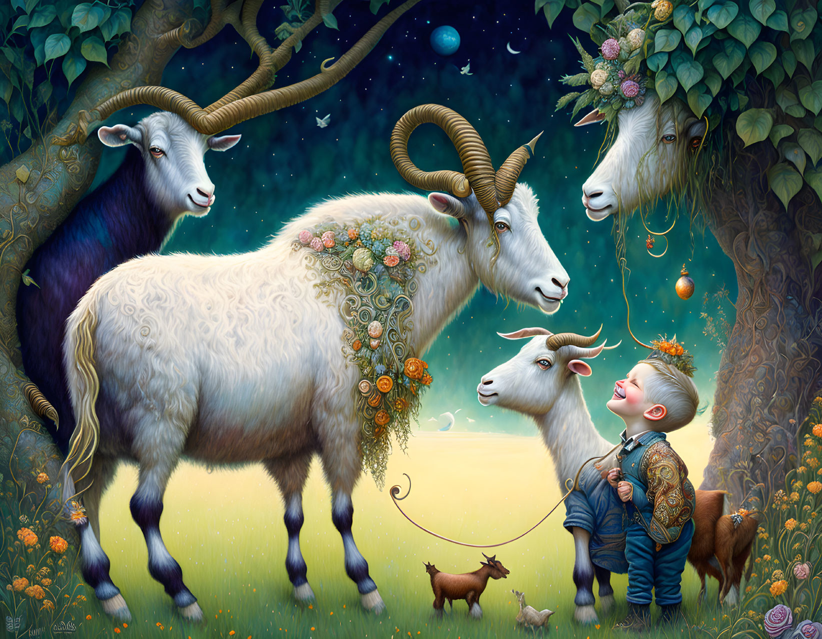 Whimsical painting of child, magical goats, flowers, starry sky, trees, and dog