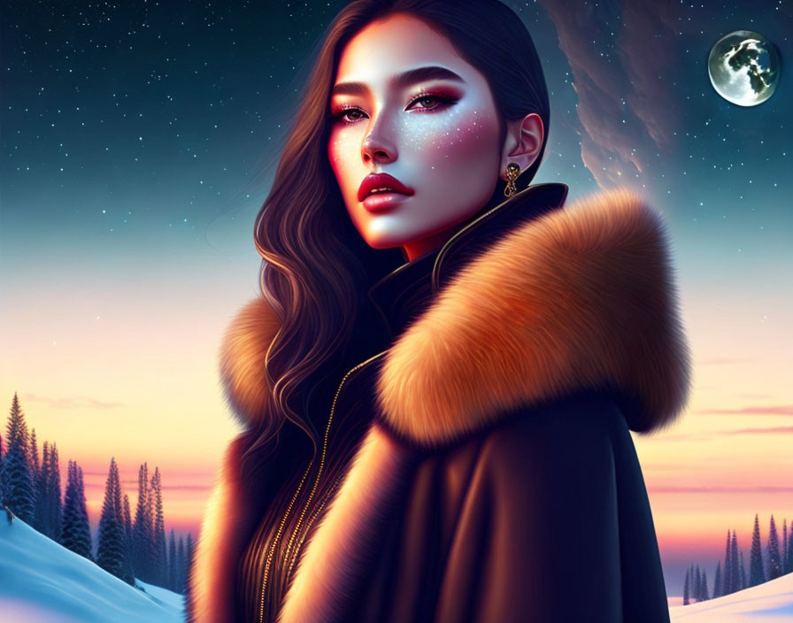 Illustrated woman in striking makeup with fur coat in snowy twilight landscape.