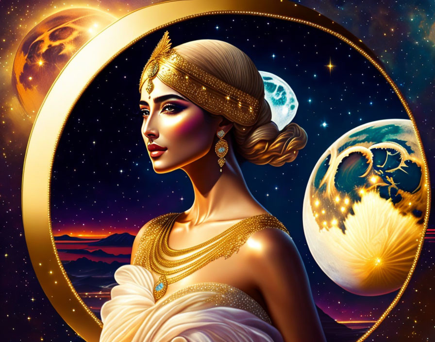 Illustrated woman in golden attire against cosmic backdrop with moons and stars.