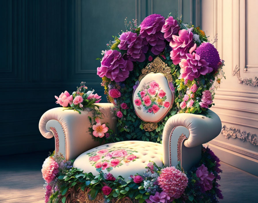 Floral Adorned Chair with Purple and Pink Flowers in Elegant Room