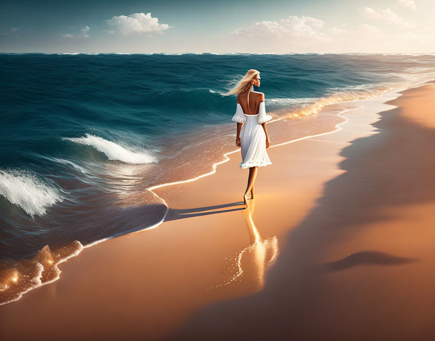 Woman in white dress walking on beach at sunset with waves.