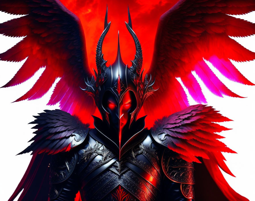 Fantasy artwork: Warrior with red feathered wings in black and red armor.