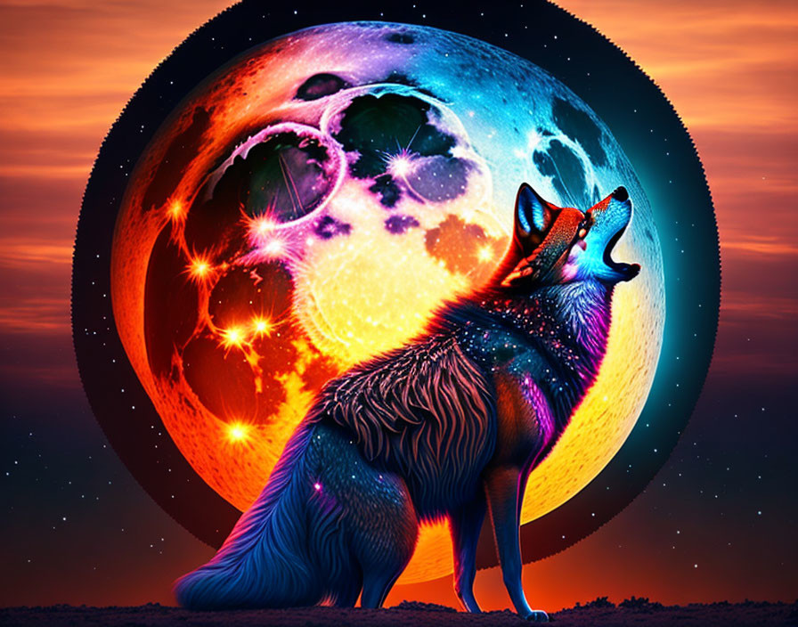 Colorful Wolf Howling at Glowing Moon in Twilight Sky