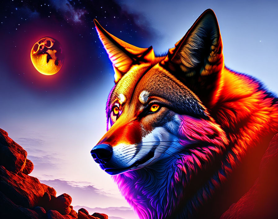 Colorful Neon Wolf Illustration with Crescent Moon and Paw Prints