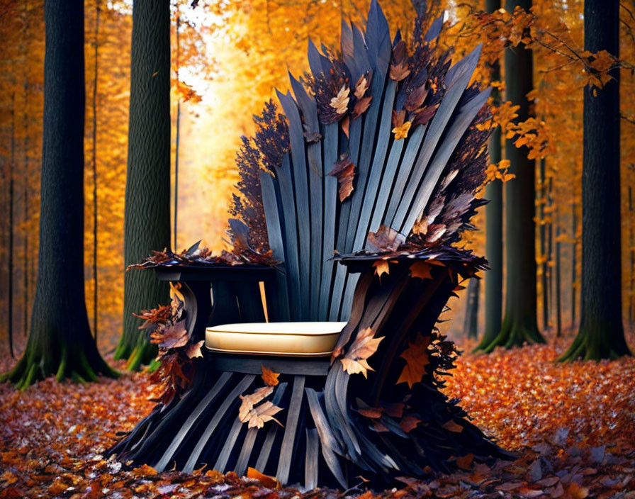 Unique Black Wooden Plank Chair with Autumn Leaves Wings in Forest