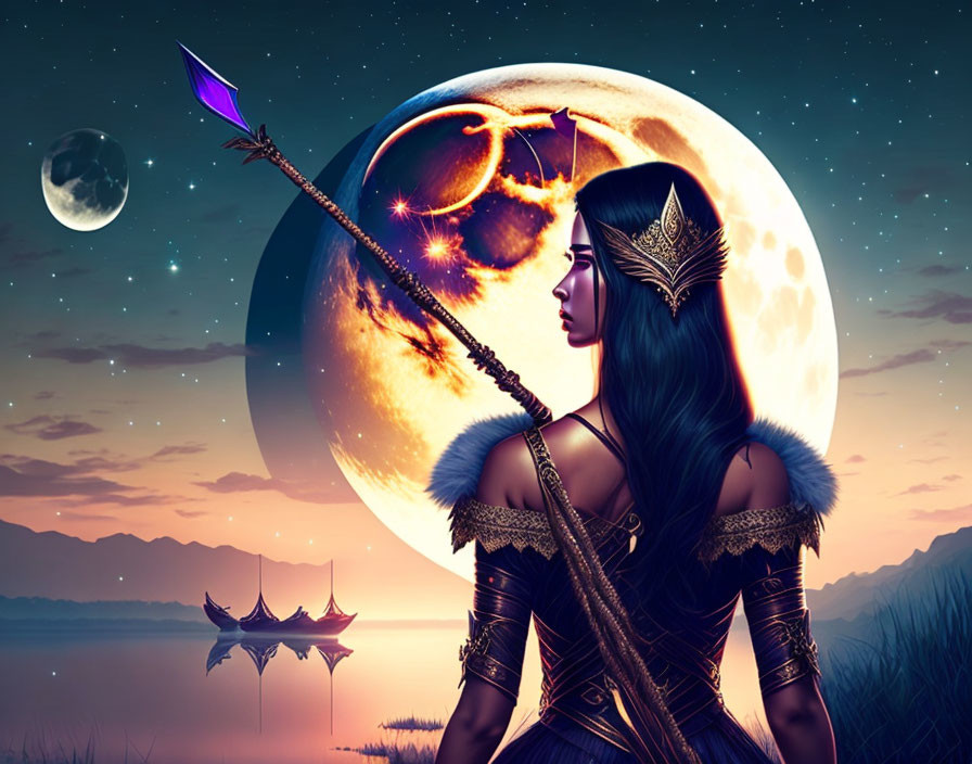 Fantasy warrior woman with glowing spear under moon and planets