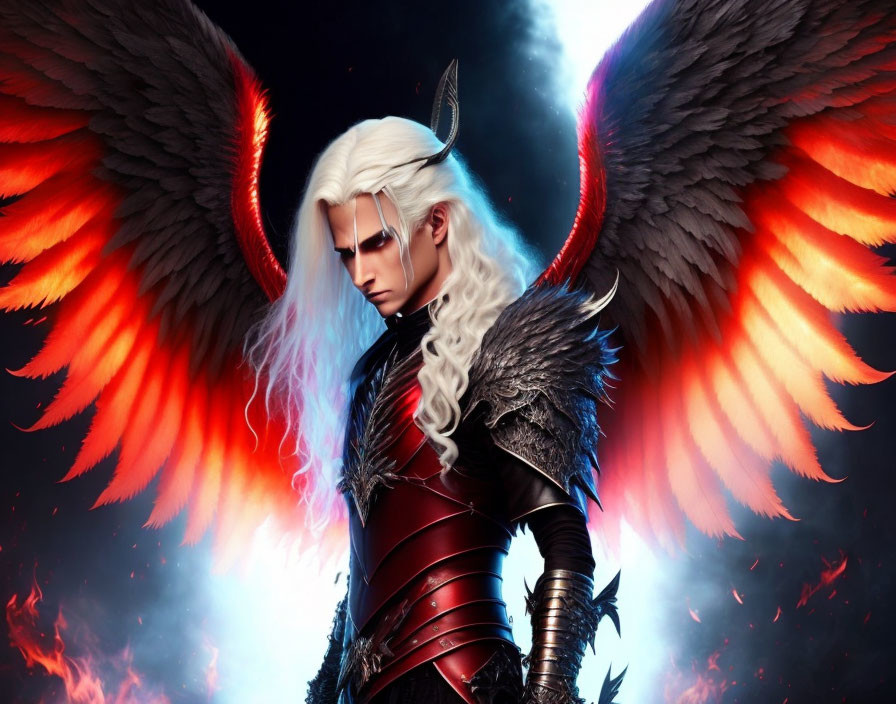 Fantasy character with white hair, red eyes, horns, dark armor, and fiery wings against a