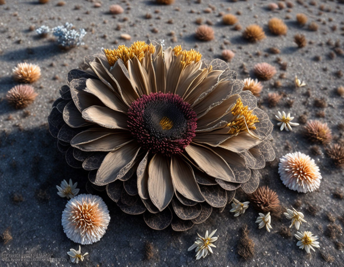 Intricately layered brown flower with dark center among smaller blooms and pebbles