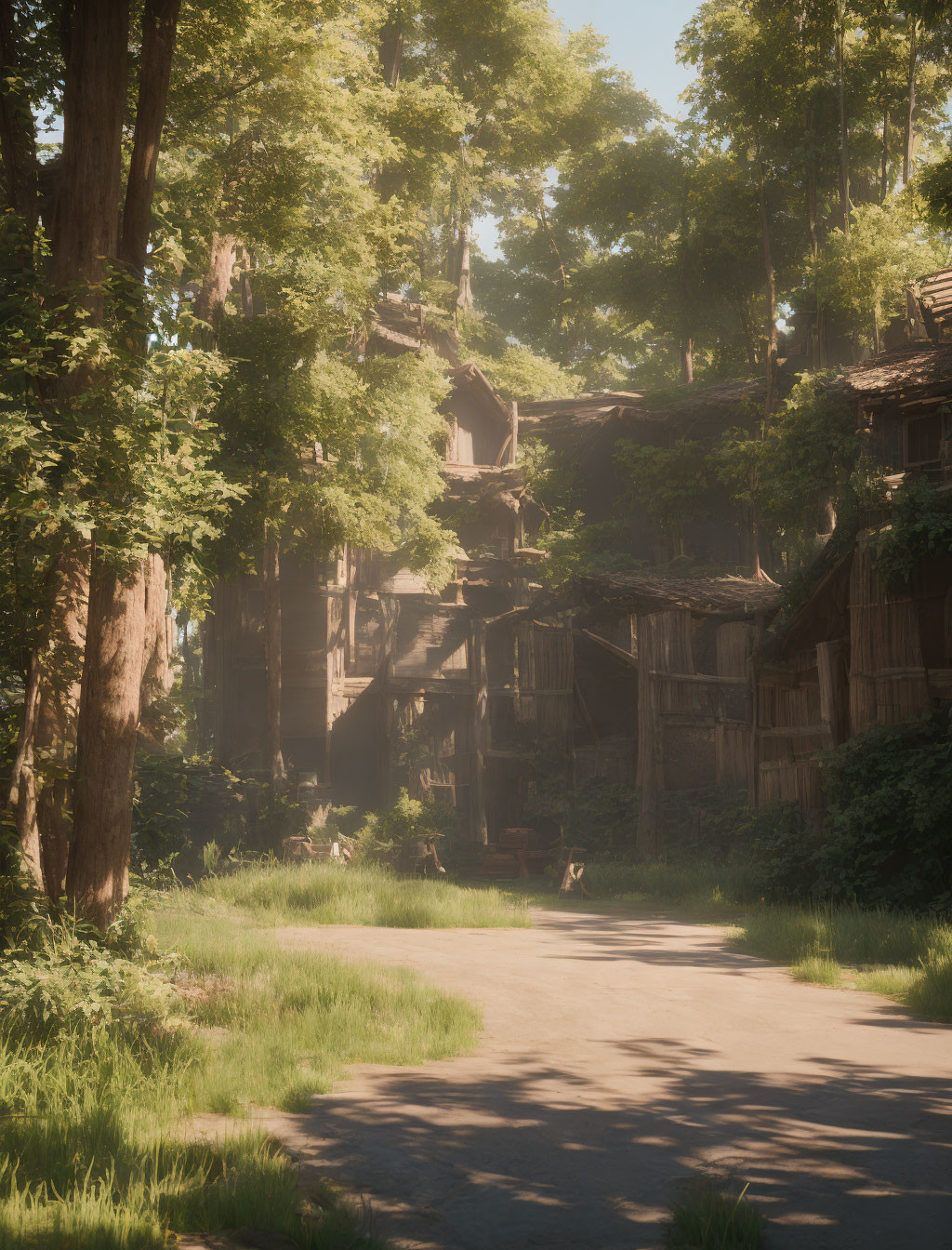 Tranquil Forest Path to Enchanting Wooden House in Sunlit Trees