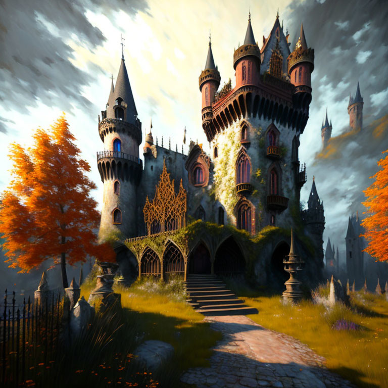 Ornate medieval castle in autumn setting with dramatic sky