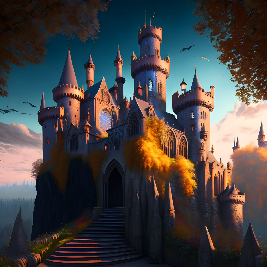 Majestic fairy-tale castle with spires and towers amid autumn trees at dusk