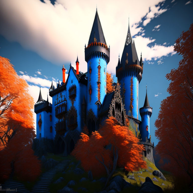 Majestic fantasy castle with blue spires and orange trees at dusk