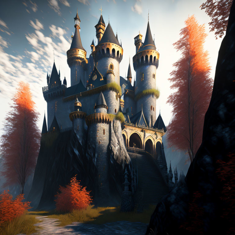 Castle with multiple spires on rocky outcrop amid autumn trees at sunset