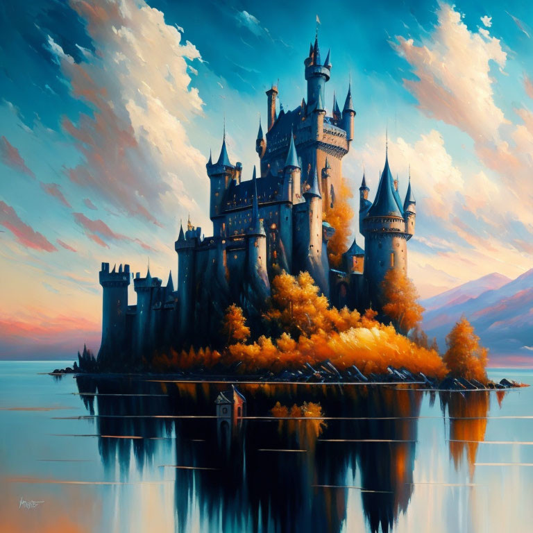 Majestic castle on island with spires, lake, mountains, sunset sky