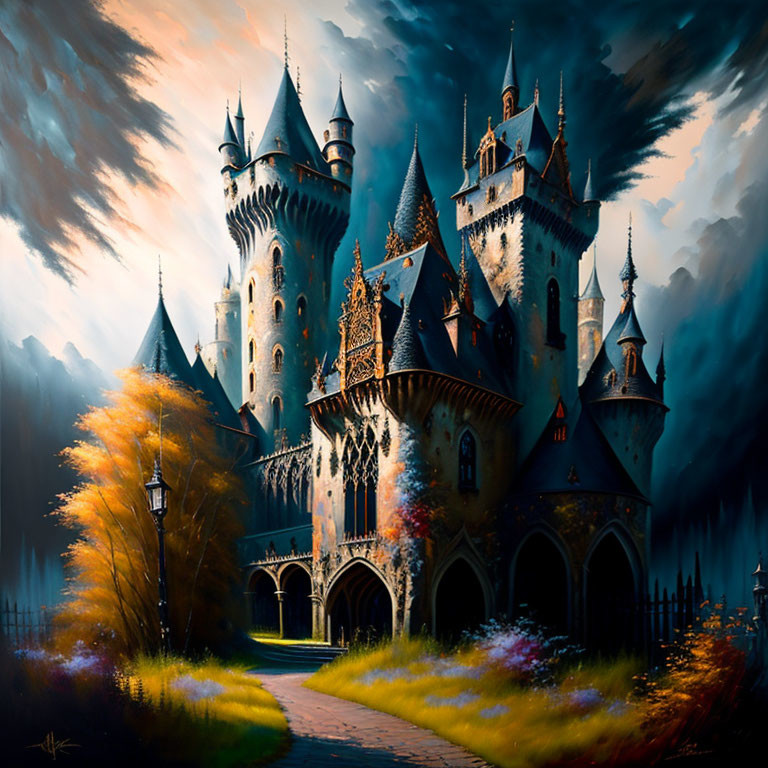 Majestic fantasy castle with spires and turrets in autumn setting