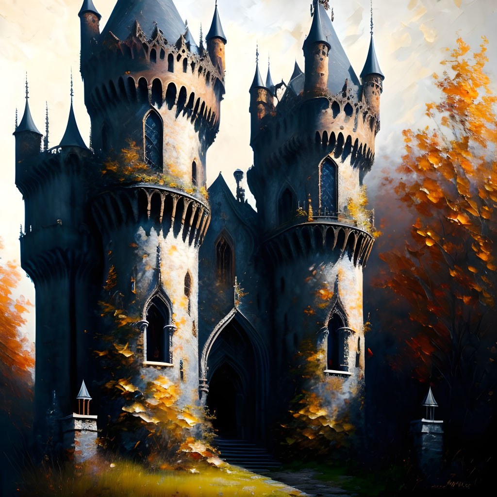 Medieval castle painting with autumn foliage and arched entrance