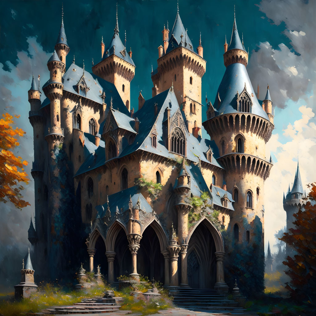 Medieval castle with spires in serene forest scenery