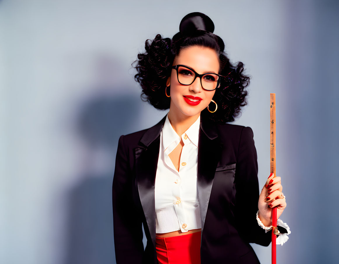 Vintage teacher costume with ruler, glasses, blazer, blouse, and red lipstick on blue background