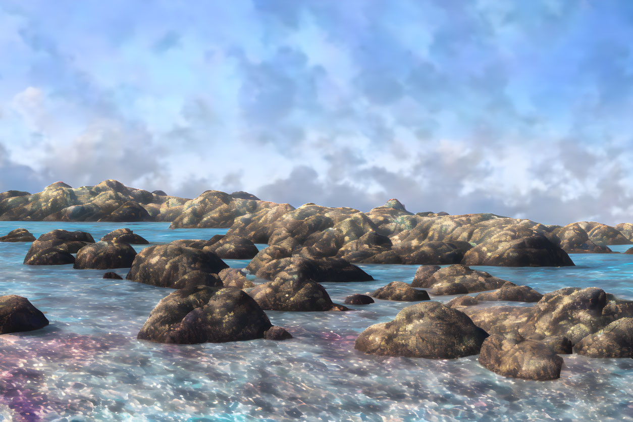 Rocky Shoreline with Boulders in Shimmering Blue Water