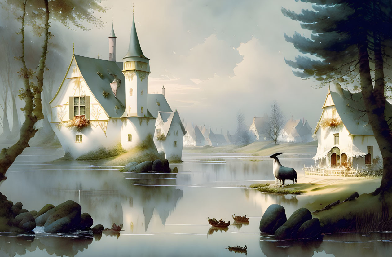 Fantasy landscape with castle, cottages, trees, and swan by lakeshore