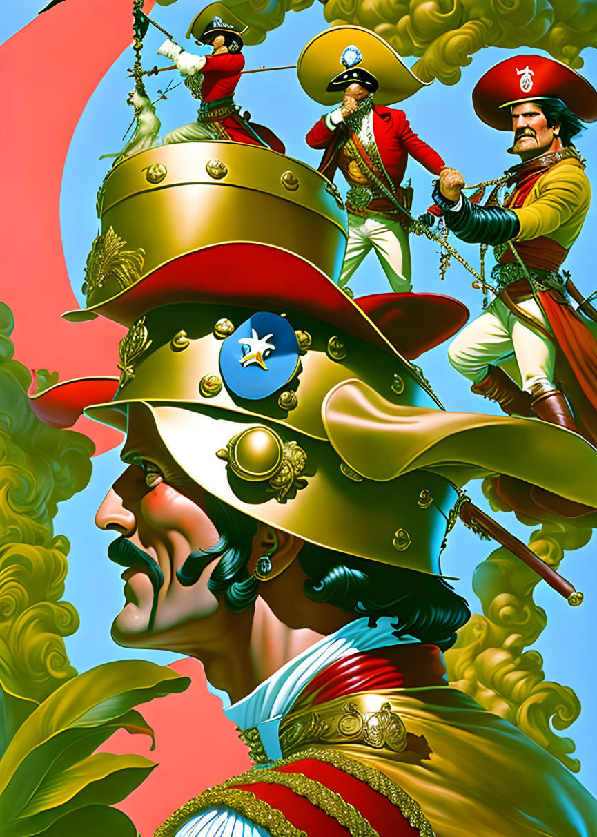 Colorful surreal art: Three musketeers in oversized hats, hats forming platforms, set against