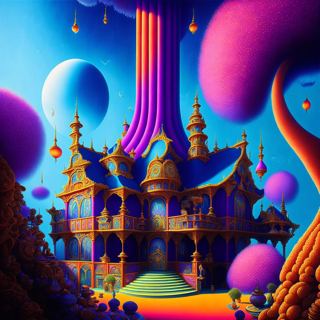 Fantastical scene with golden building, purple trees, lanterns, celestial bodies