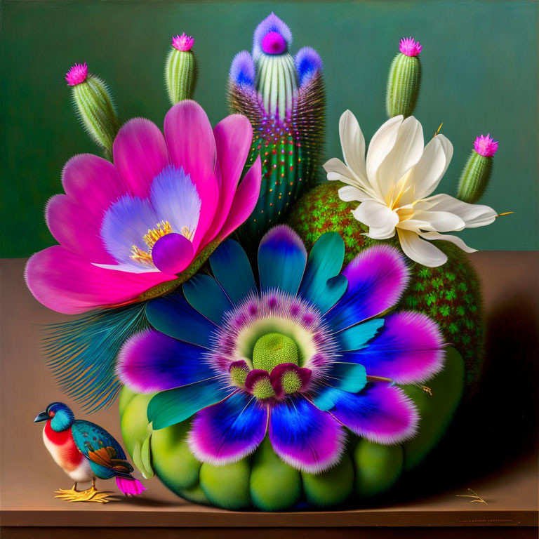 Colorful Cacti and Bird Painting on Dark Background