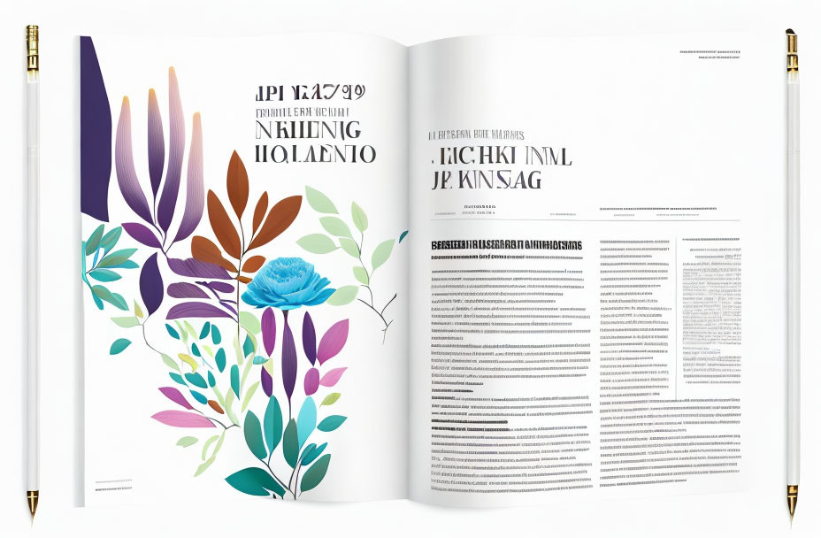 Colorful Floral Illustration and Varied Text Layout in Open Magazine