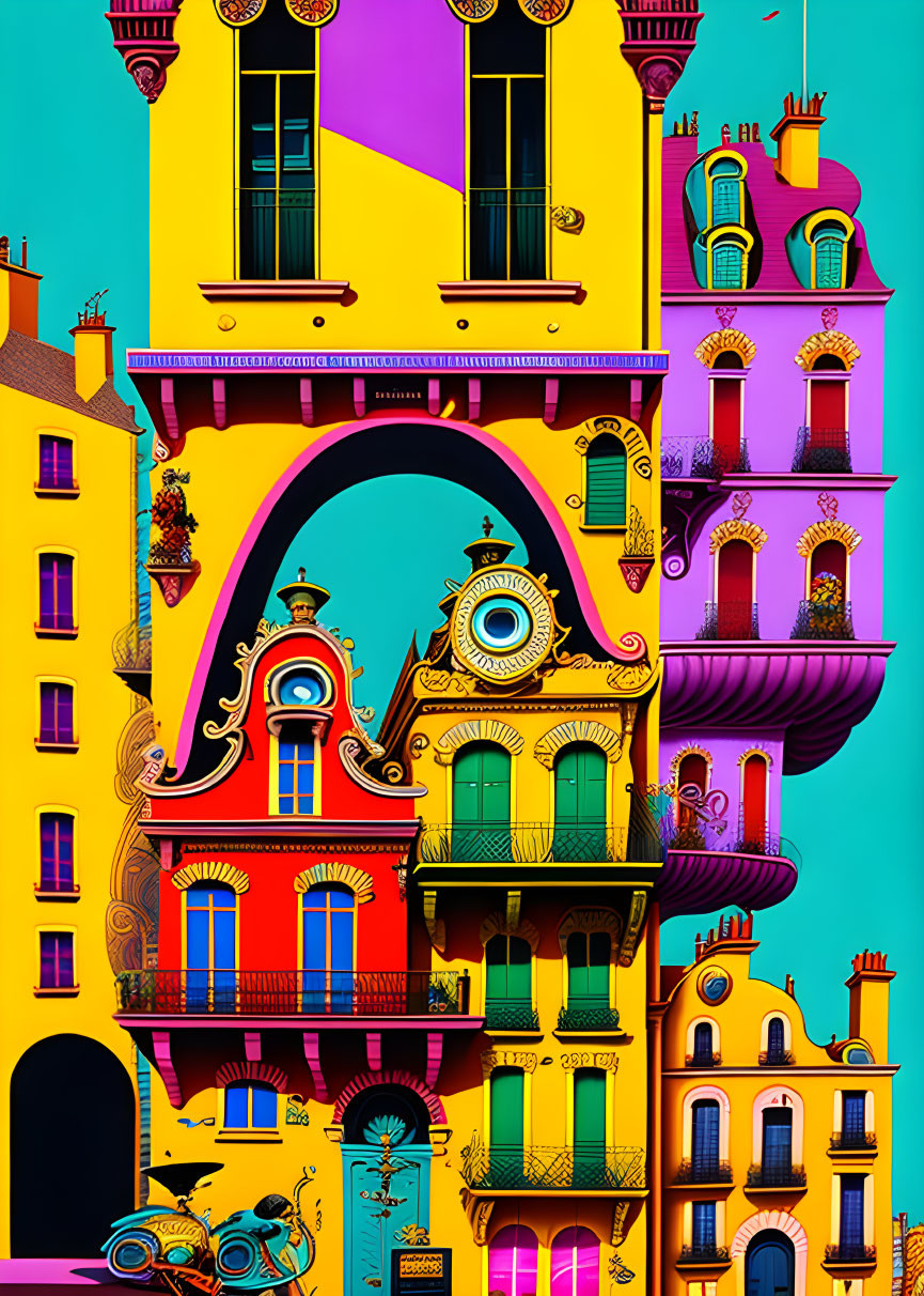 Colorful, whimsical illustration of eclectic architecture against teal sky