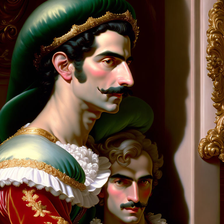 Digital painting of two men in period clothing with elaborate hairstyles and one wearing a mustache.