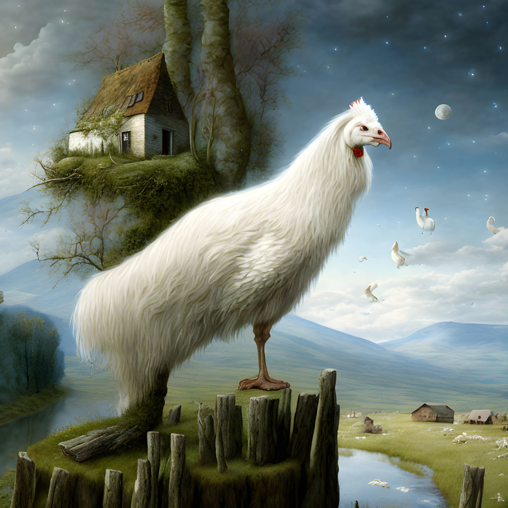 White Giant Chicken Perched on Fence Posts in Surreal Countryside